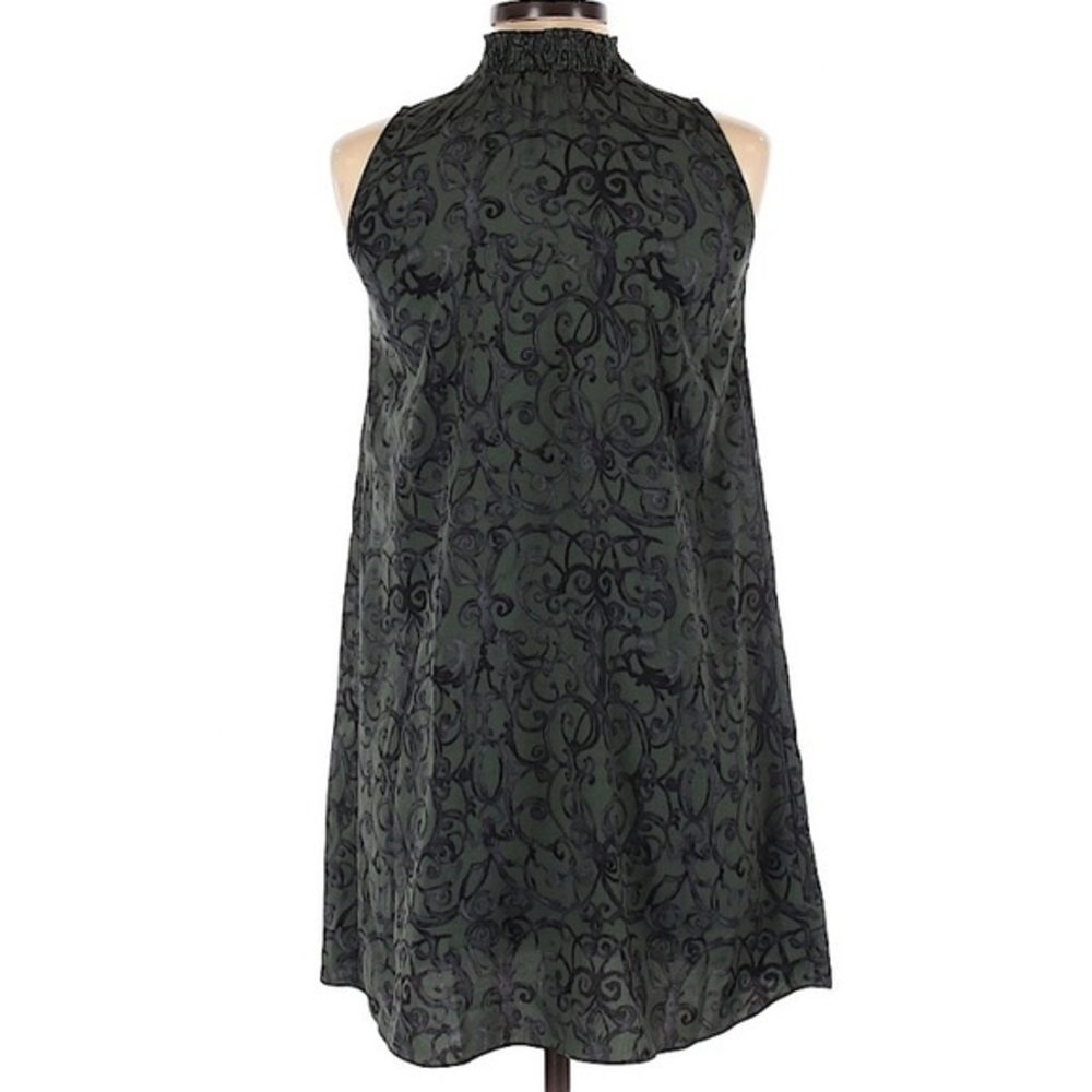 1.State XS green black boho scroll high neck sleeveless  A line keyhole‎ dress